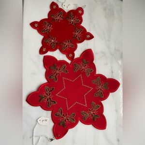 Two snowflake shaped German Christmas linens, doily, coasters